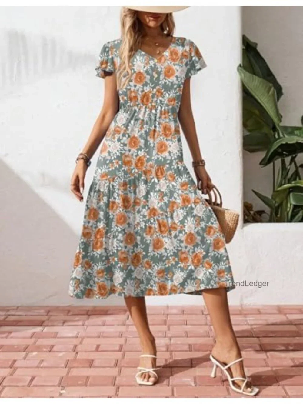 Women's Flutter Short Sleeve V-Neck Tiered Swing Dress with Pockets